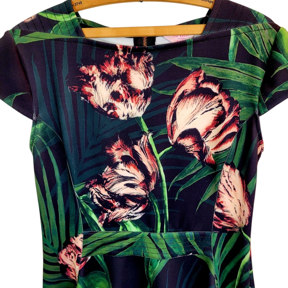TED BAKER Florell Tropical Floral Palm Leaves Scuba Skater Dress Size 10 - Picture 4 of 13